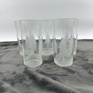 Mid Century Federal Frosted Pine Tree Glasses Set of 5 Highball Glasses Tumblers